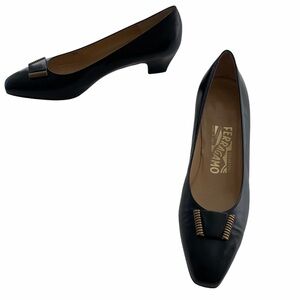 SALVATORE FERRAGAMO Black Square Toe Low Heels